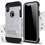 Wholesale Apple iPhone X (Ten) Pixel Hybrid Kickstand Case with Metal Plate for Car Mount (Silver)